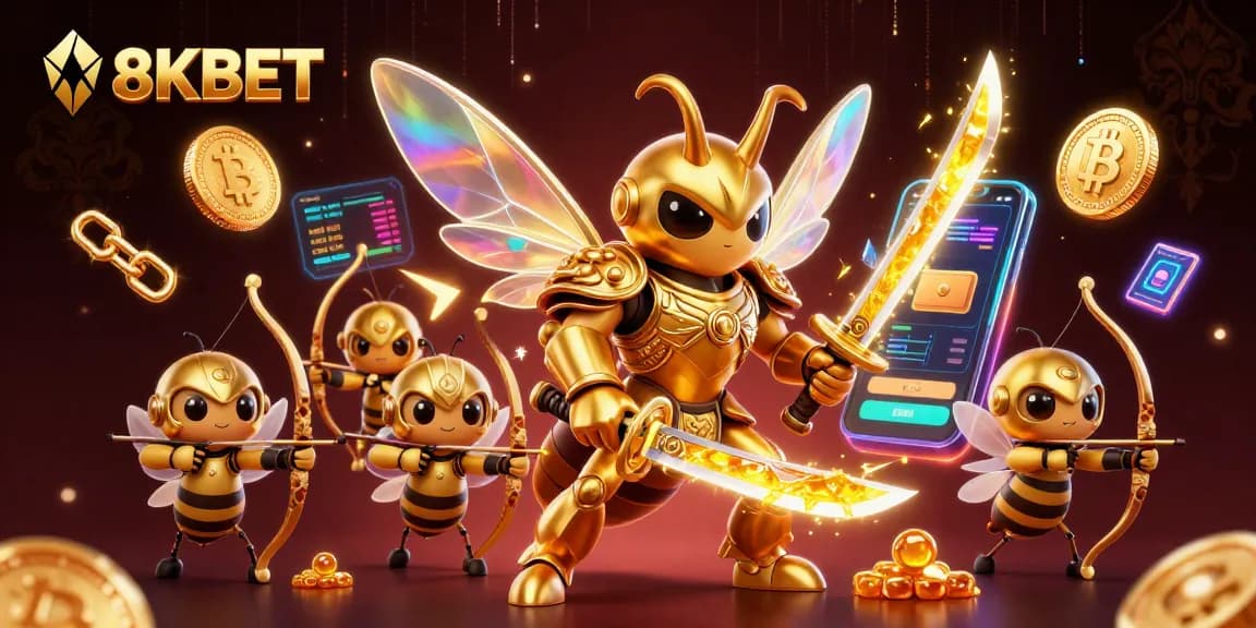 Engage with 8KBET's mesmerizing golden hornet samurai amidst vibrant crypto-themed visuals.
