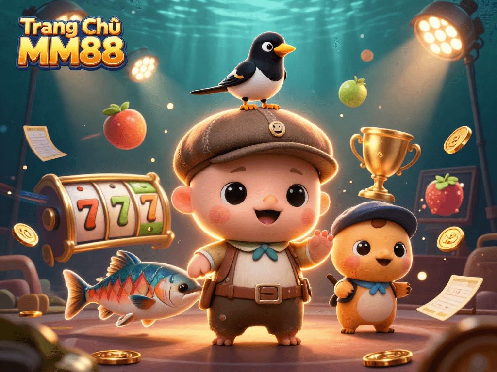 Join the fun at Trang Chủ MM88 with colorful slot reels and playful characters in a vibrant casino scene
