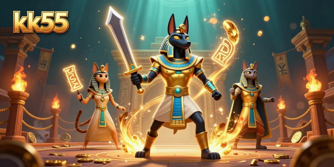 Engage with kk55's thrilling casino atmosphere featuring Anubis and Bastet in action.