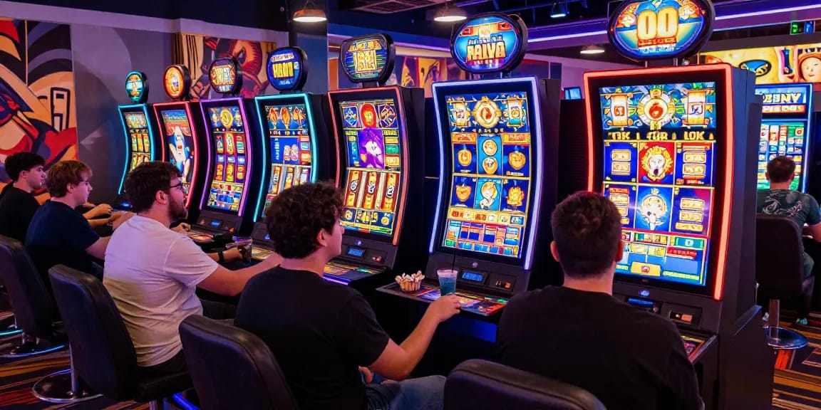 Engaged players experiencing bandar slot games in an exciting virtual casino atmosphere