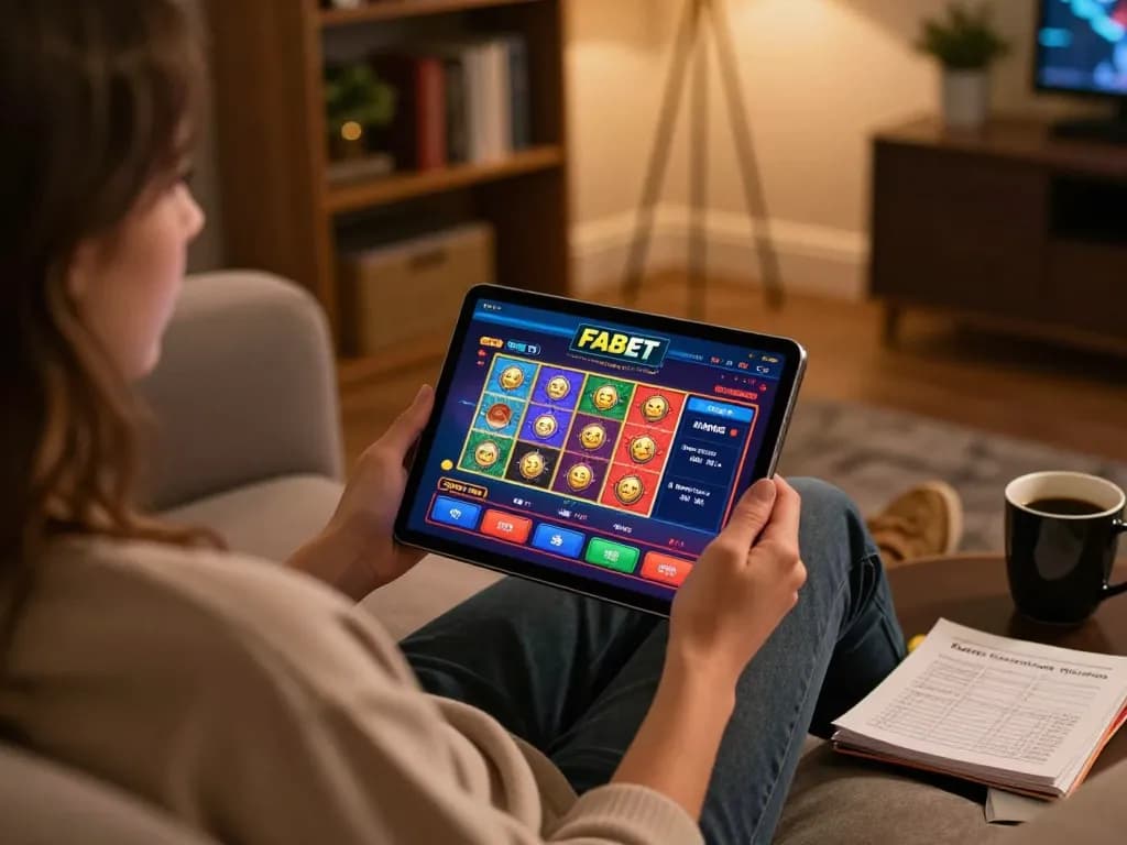 Engaged player using FABET app on tablet for online casino gaming in a cozy setting.