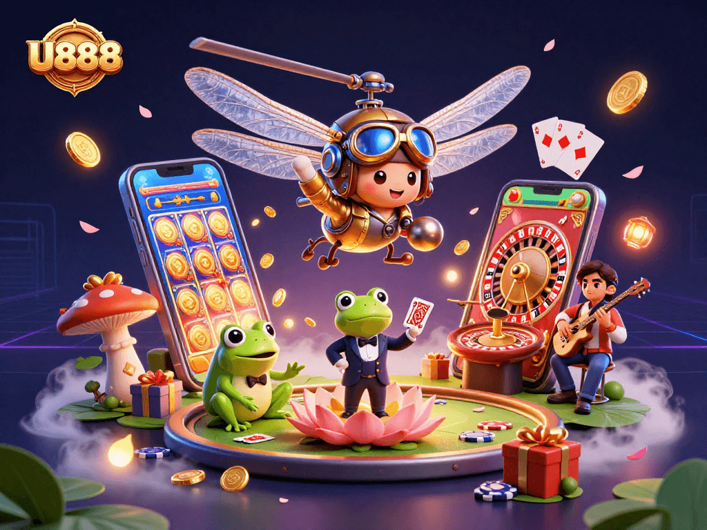Spin thrilling slots at U888 with a vibrant dragonfly pilot and frog croupier amidst dynamic casino buzz.