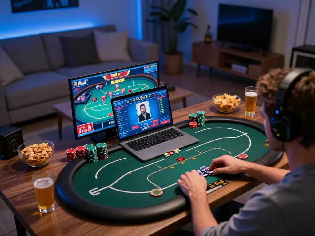 Divinityspacenter user engaging in online poker tournament showcasing strategic gameplay at home.