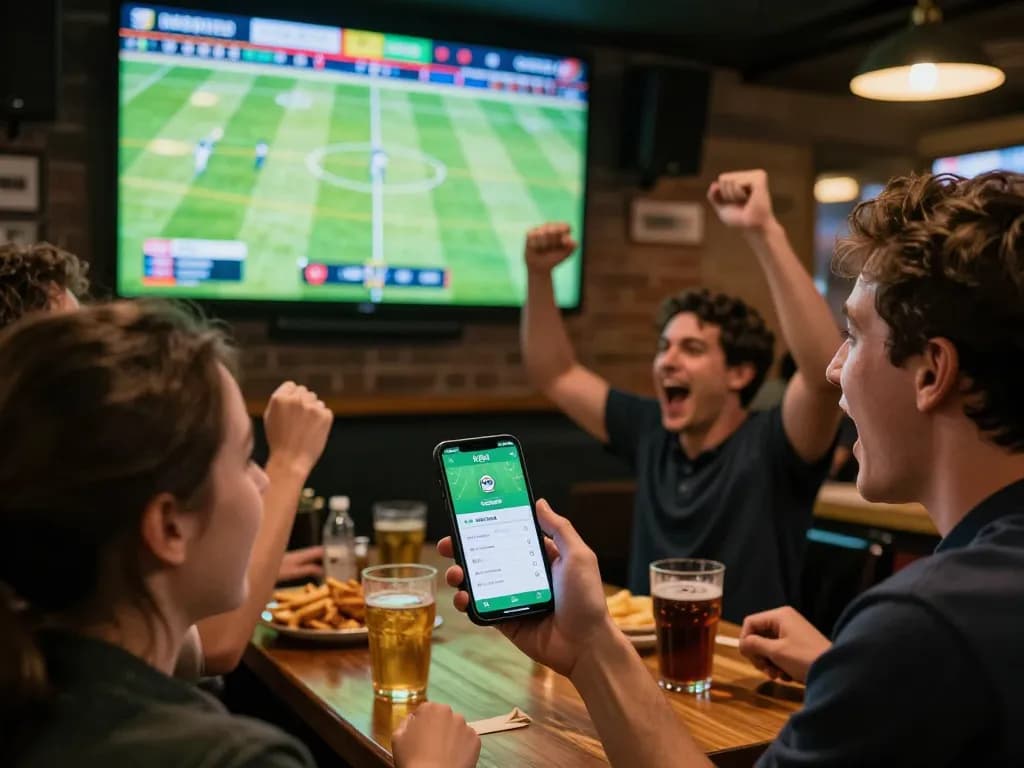 Sports bettor checking kqbd app for live football updates in a lively bar setting