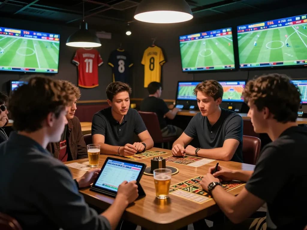 Engaging sports betting scene with fans analyzing 7M match statistics and placing bets