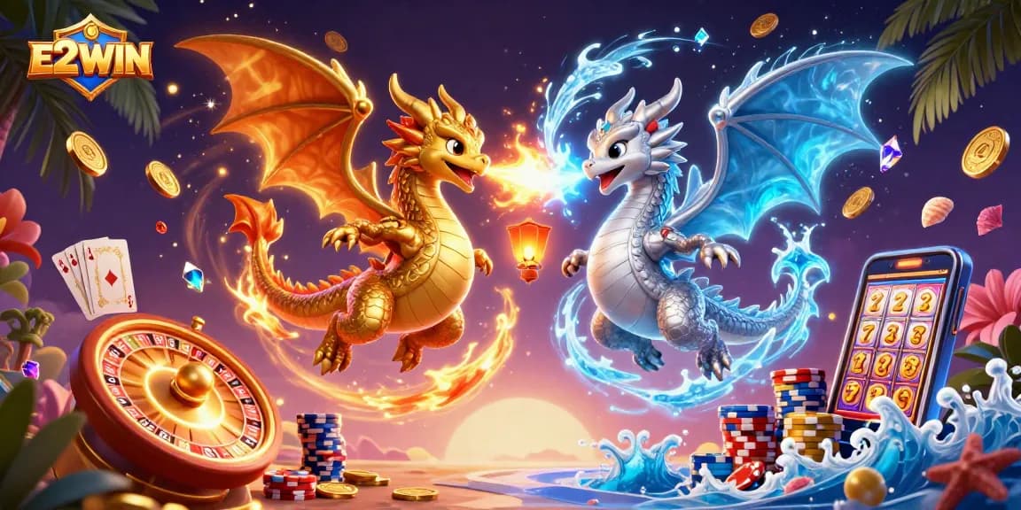 E2WIN features dynamic dragons breathing fire and ice amidst a vibrant casino scene.
