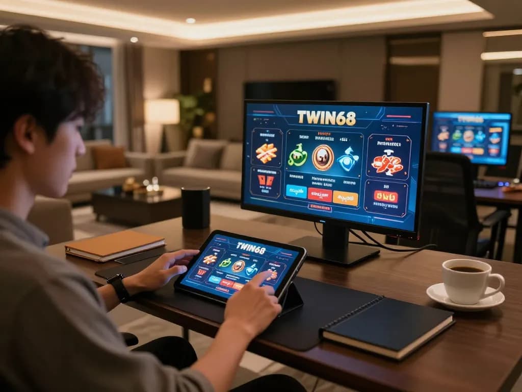 TWIN68 player engaging with casino games on tablet in stylish home gaming setup