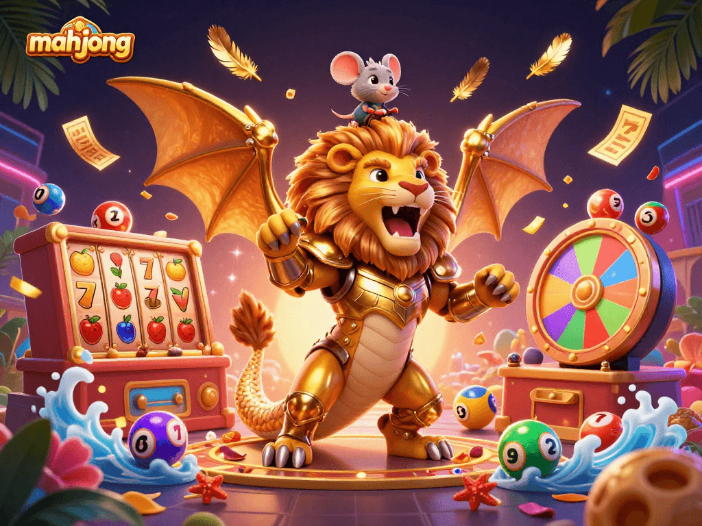 Experience mahjong gameplay with a golden chimera and dynamic casino elements in a vibrant scene.