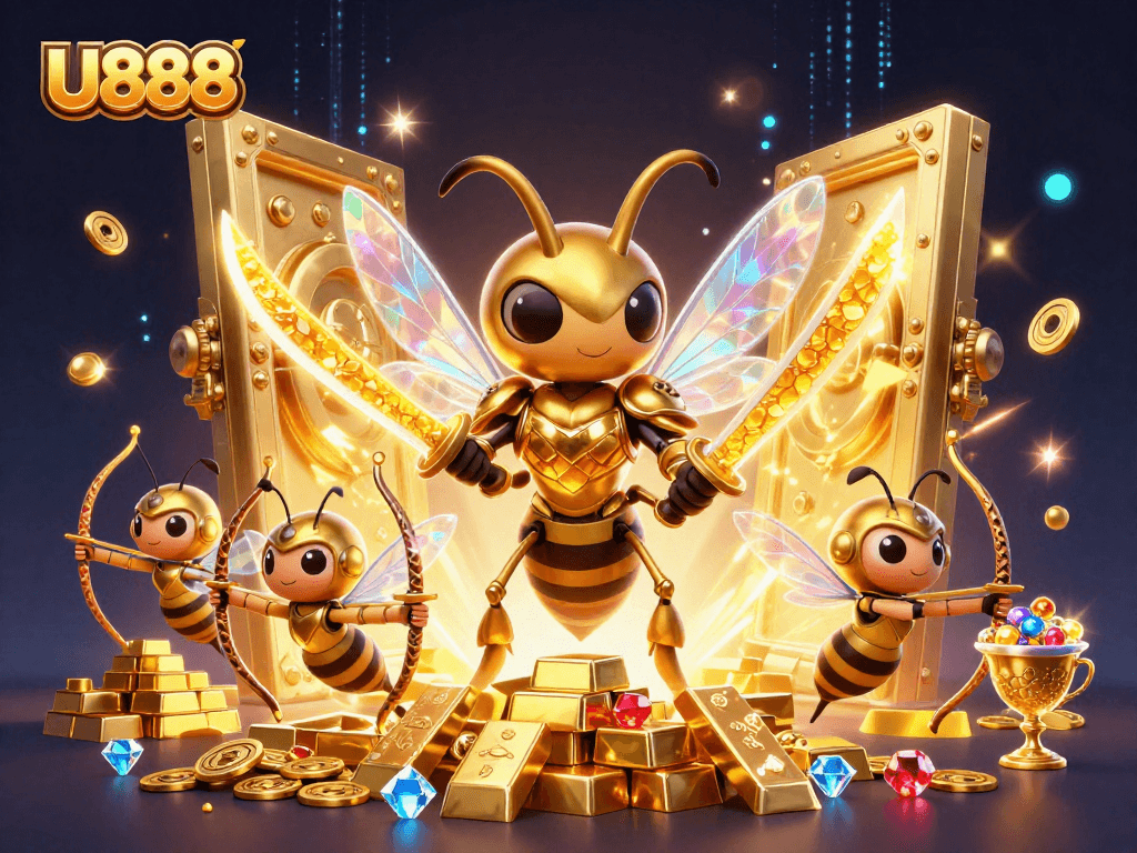 Engage with U888's thrilling casino experience featuring a giant golden hornet and treasures.