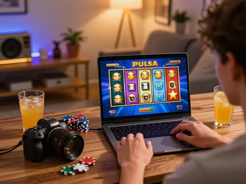 Engaging in Slot Pulsa game at home with vibrant visuals and cozy atmosphere, capturing responsible gaming vibe.