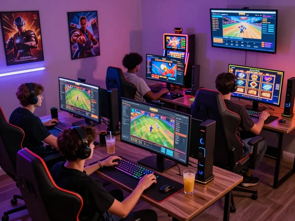 Exciting gaming session on HM88 with players engaging in online slots and sports betting in a vibrant home setup.