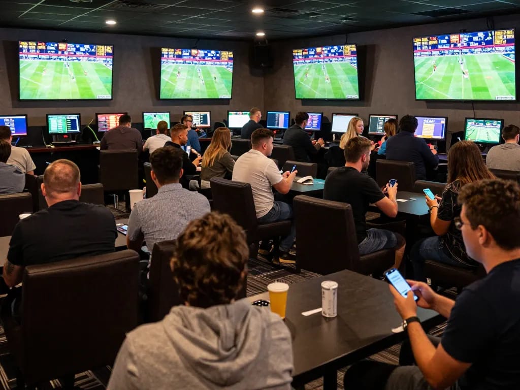 Sports fans eagerly analyzing kèo nhà cái and placing bets in a lively lounge atmosphere.