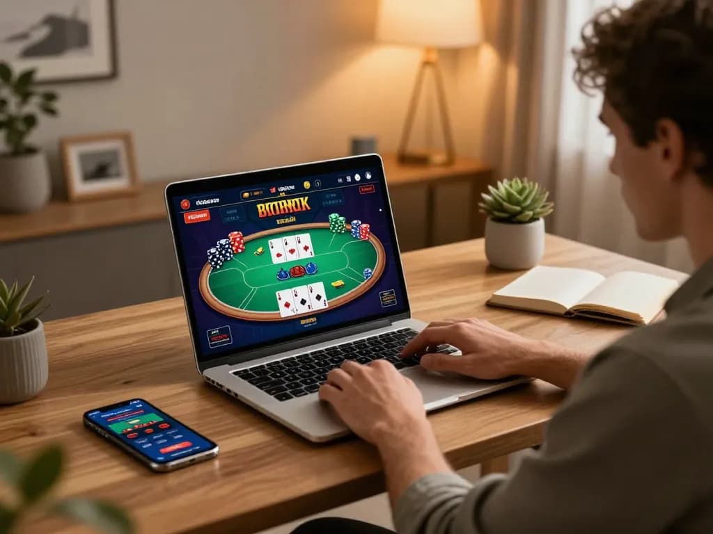 w188 player engaged in a high-stakes online poker game on a laptop showcasing vibrant gaming interface.