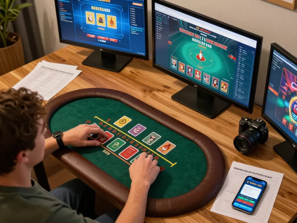 Player enjoying a live dealer game at 789bet, surrounded by gaming screens and strategy notes.