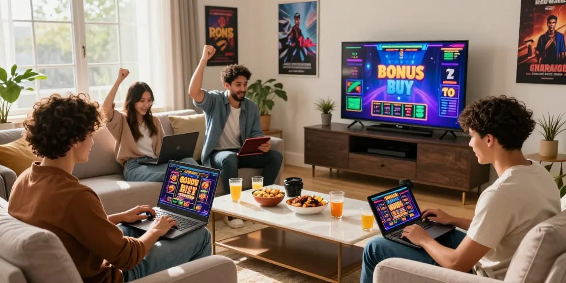Friends enjoying Bonus Buy slots at home with snacks and laptops on a cozy coffee table, highlighting the excitement of online gaming at https://palacetrust.org.uk/.