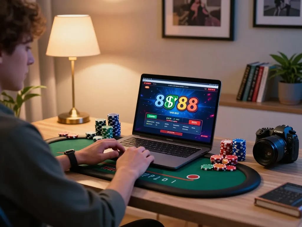 Engaging in strategic poker gameplay on sky 88 platform at a cozy home setup.