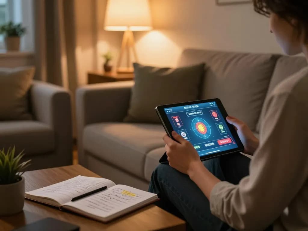 Player enjoying online bk8 gaming session on tablet at home, surrounded by strategy notes and warm ambiance.