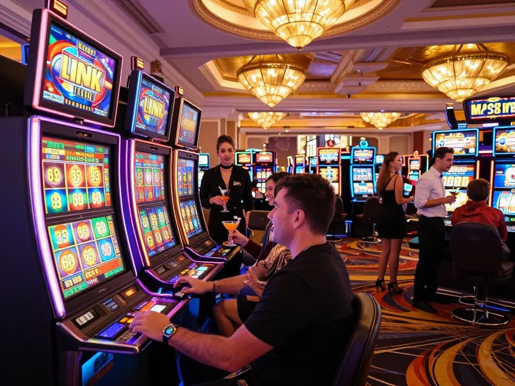 Pemain menikmati mesin slot link di kasino Las Vegas yang semarak dengan lampu terang dan suasana meriah.