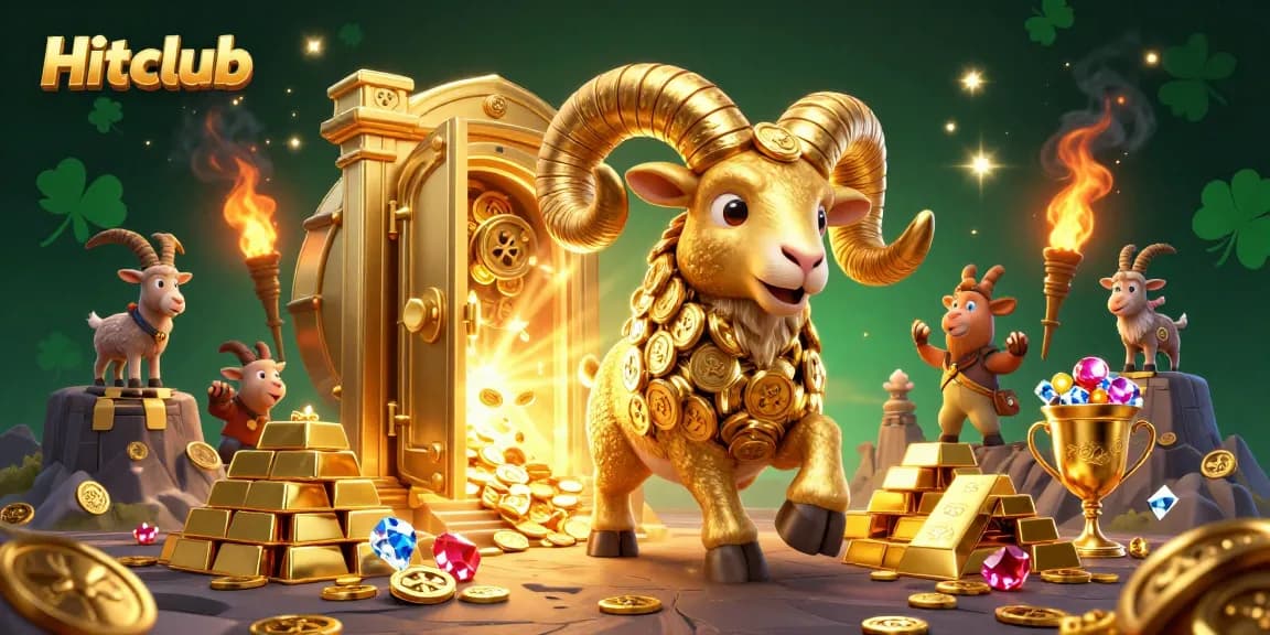 Hitclub showcases a massive golden ram charging toward a treasure vault, symbolizing gambling excitement.
