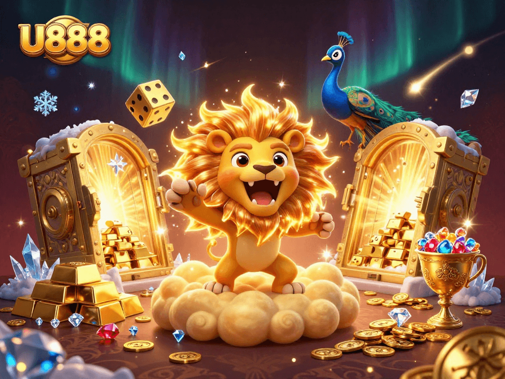 Join the excitement at U888 with a vibrant casino-themed 3D illustration showcasing thrilling game elements.