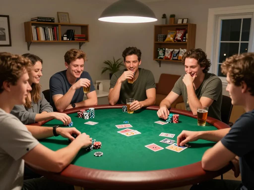 Engaging friends playing poker at home during a kebet game night, showcasing strategy and social interaction.