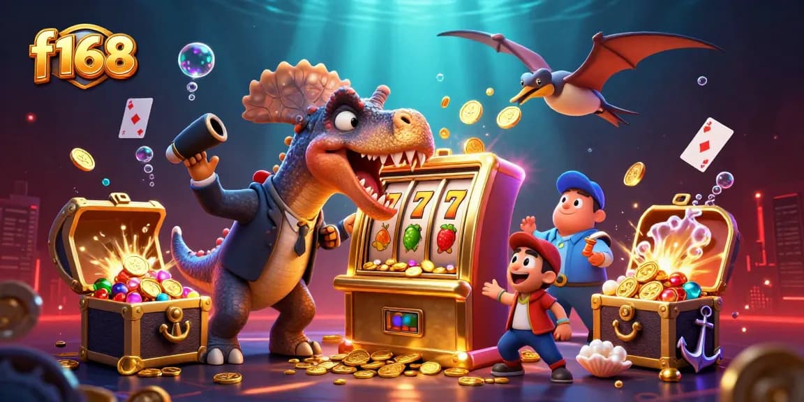 f168 players enjoy big wins as a pachycephalosaurus activates a slot machine jackpot in a vivid casino scene.