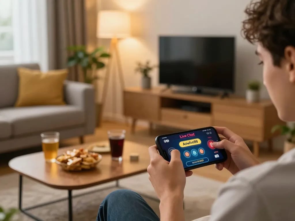Engaging with Live Chat Asialive88 while enjoying online casino games at home in a cozy living room.
