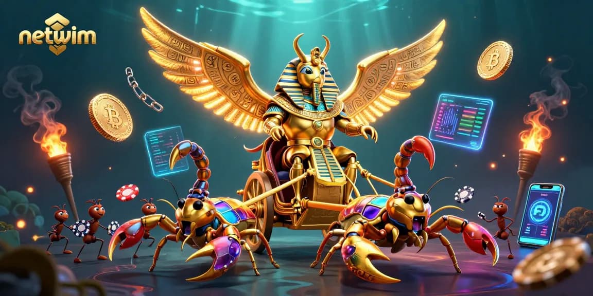 Engage with netwim's vibrant gaming universe, featuring golden scarab and crypto elements!
