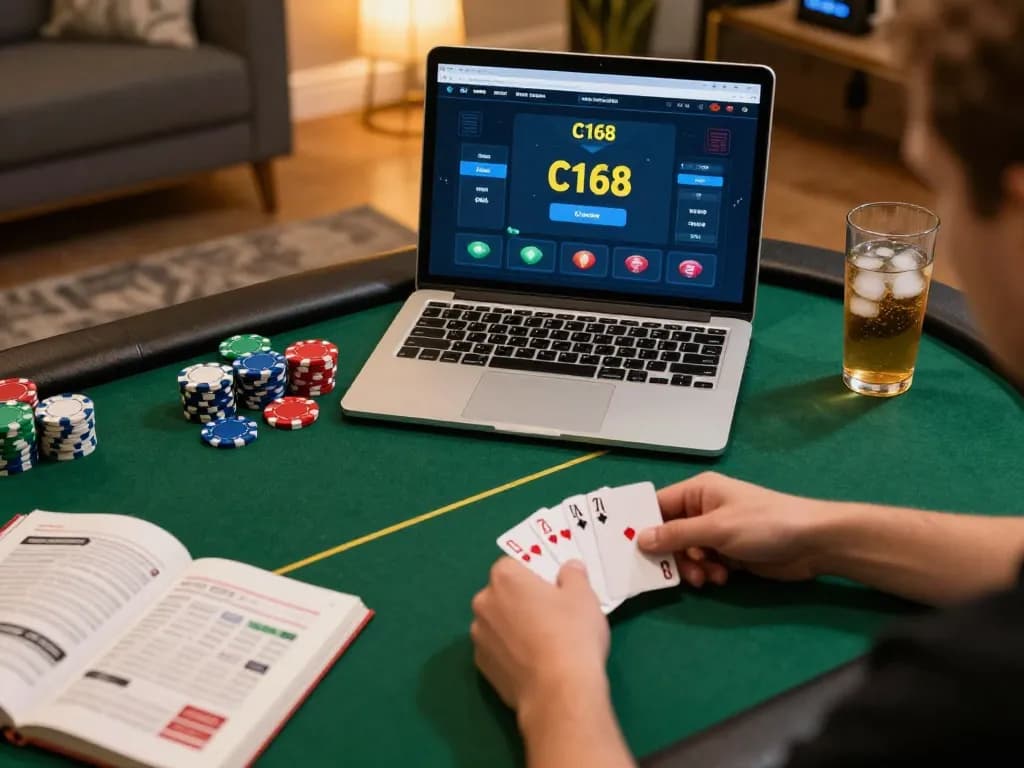 C168 players engage in a thrilling online poker game at home, showcasing strategic gameplay.
