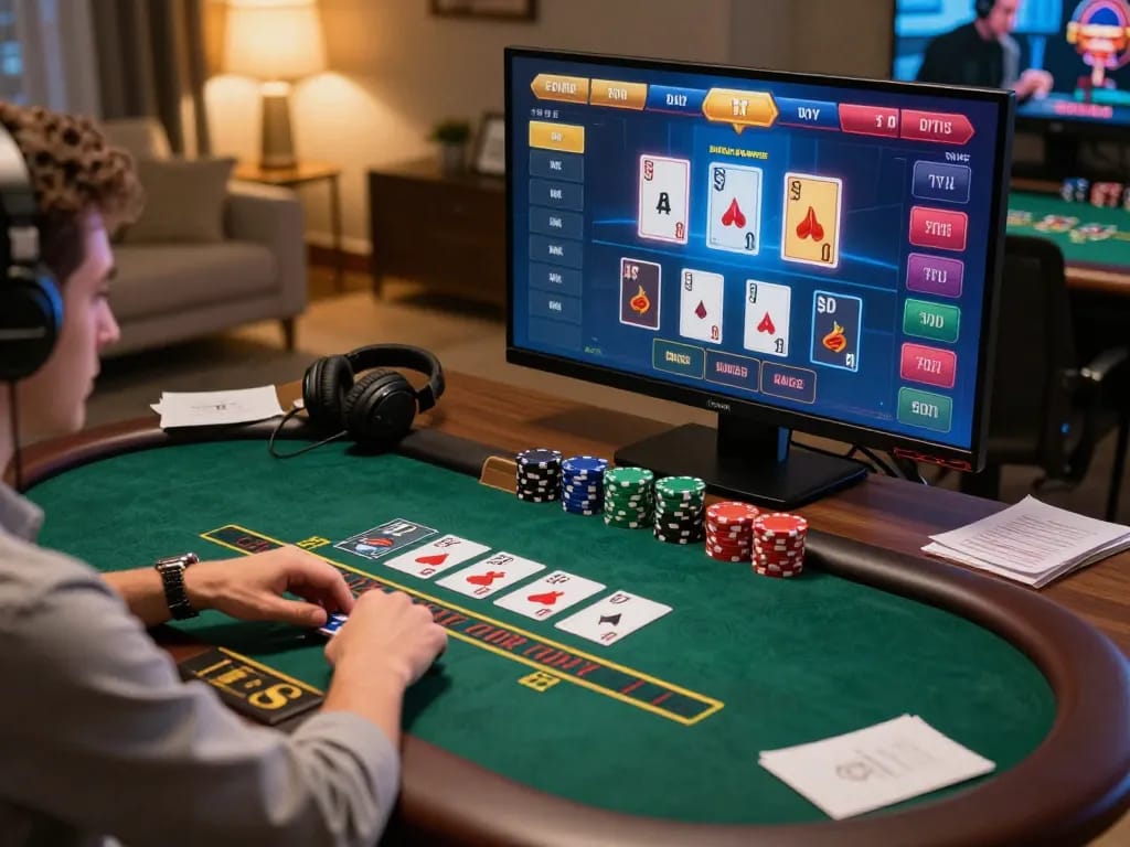A player enjoying an Agen Slot game online, focused on live dealer cards and exciting gameplay.