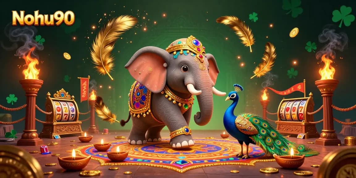 Nohu90 celebrates jackpot excitement with a dynamic illustration of colorful characters and slots.