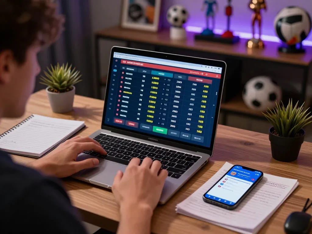 Soi kèo live sports betting action on modern setup with laptop and scores