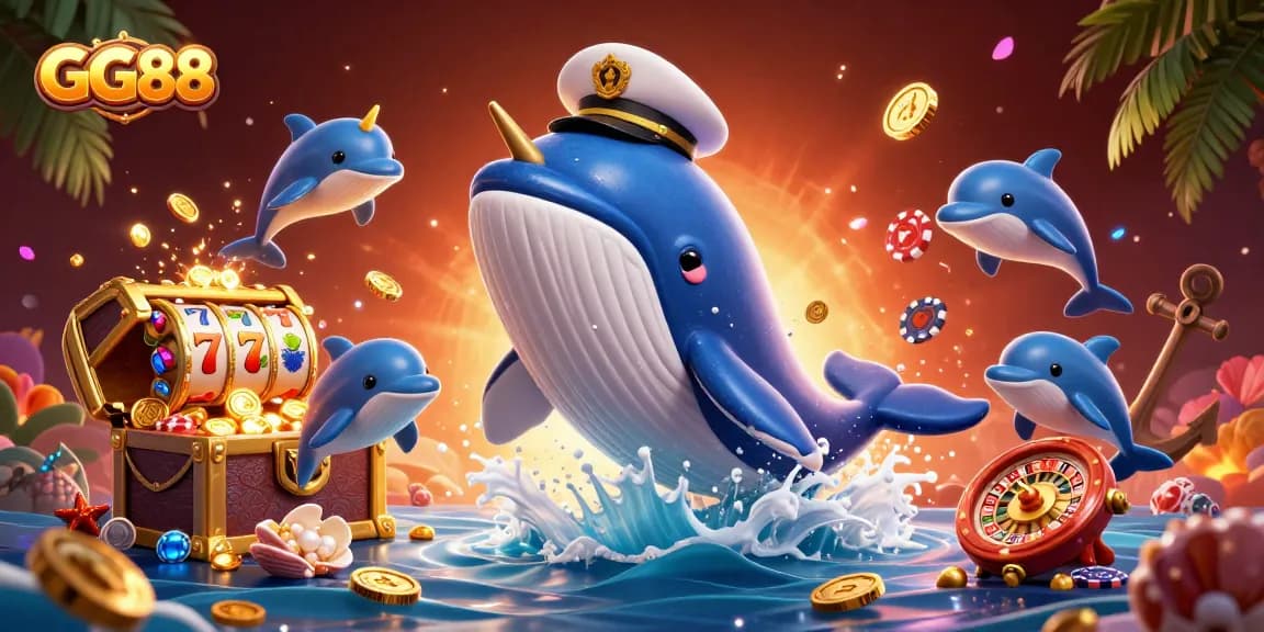 Experience the excitement of GG88 with playful dolphins, a majestic whale, and casino elements galore.