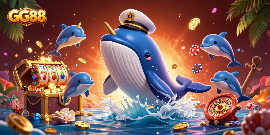 Experience the excitement of GG88 with playful dolphins, a majestic whale, and casino elements galore.