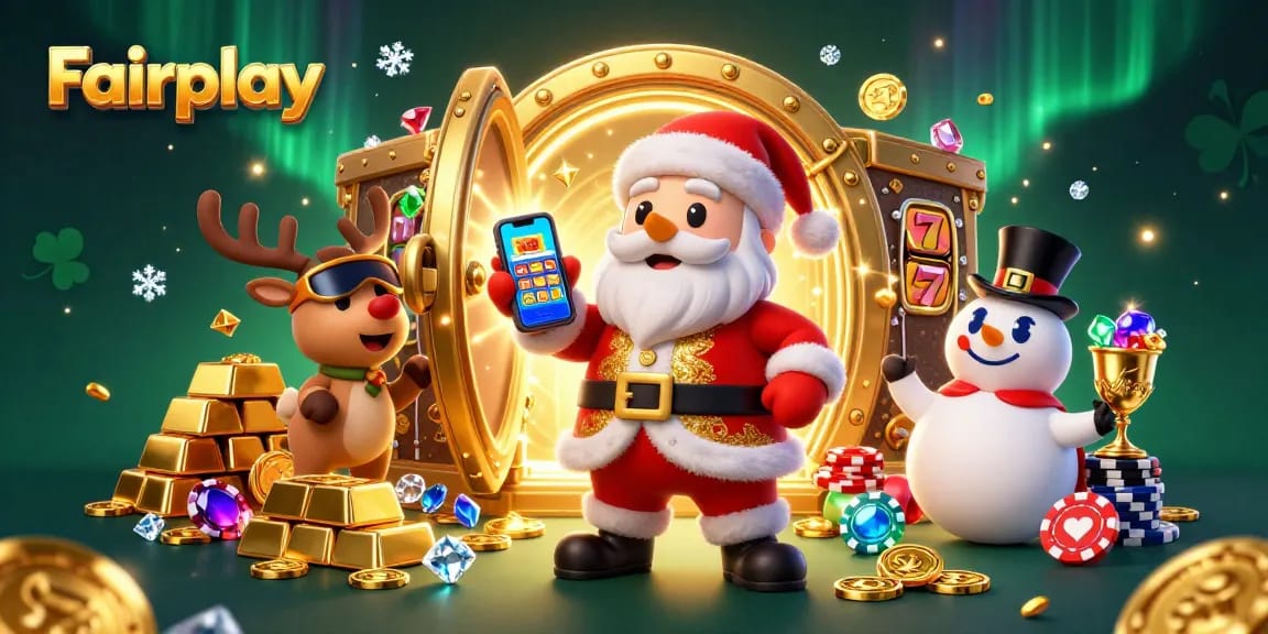 Experience Fairplay with Santa and friends in a vibrant casino scene showcasing jackpot slots!