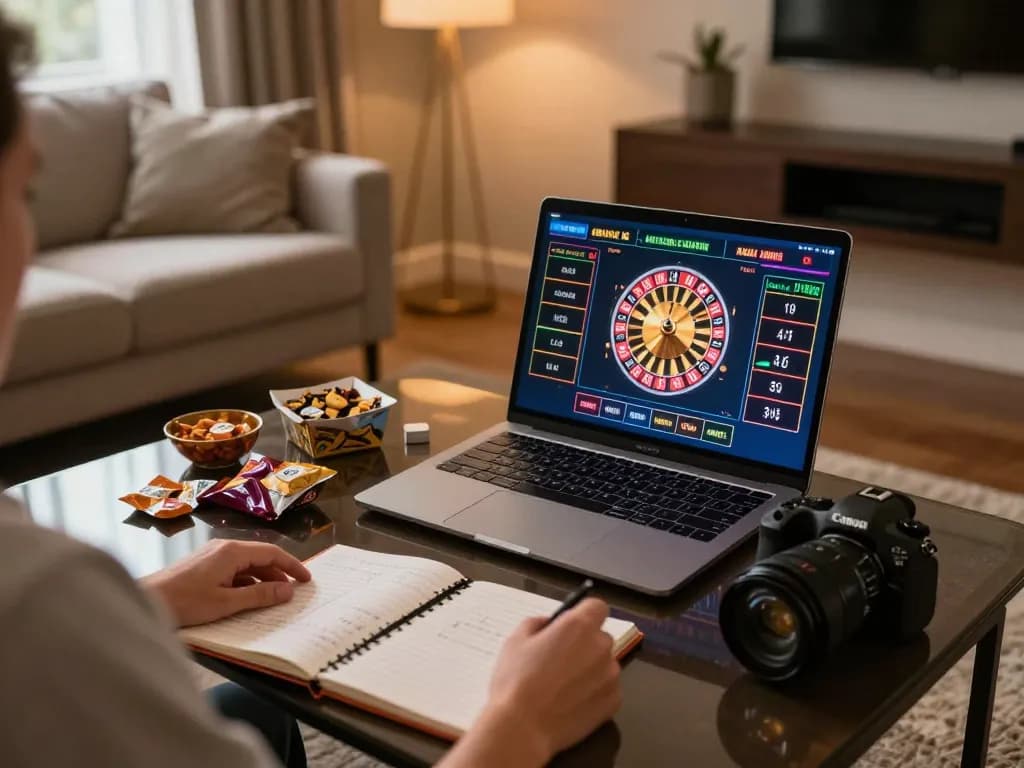 Engage with live roulette gameplay at lu88 com from a cozy home setup, featuring a laptop and strategy notes.