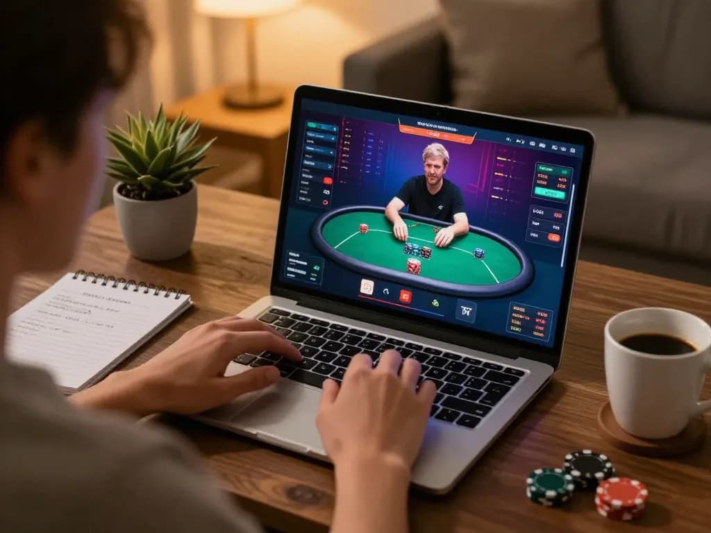 Engaging in online poker gameplay on cucu777 platform in a cozy home environment.
