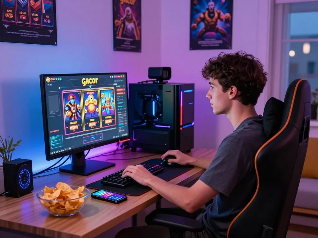 Engaging gaming setup featuring a player enjoying slot gacor with vibrant RGB lights and snacks, showcasing a modern home office.