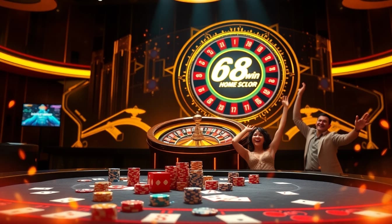 Experience thrilling casino action with 68win as players celebrate winnings at a vibrant gaming table.