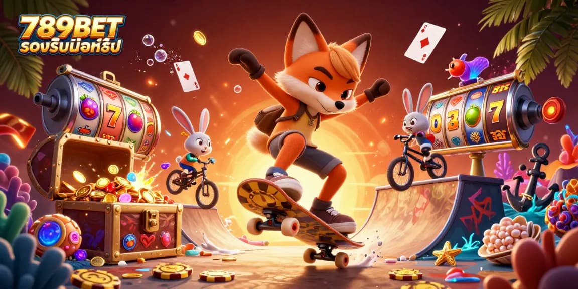 ภาพการ์ตูน 3D แสดงให้เห็นถึงการพนันที่ตื่นเต้นจาก 789BET รองรับมือถือ โดยมีสัญลักษณ์คาสิโนที่น่าสนใจ