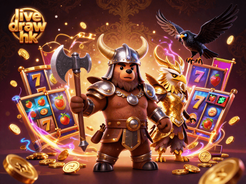 Experience the excitement of live draw hk with a vibrant casino scene featuring 3D characters and slot elements.