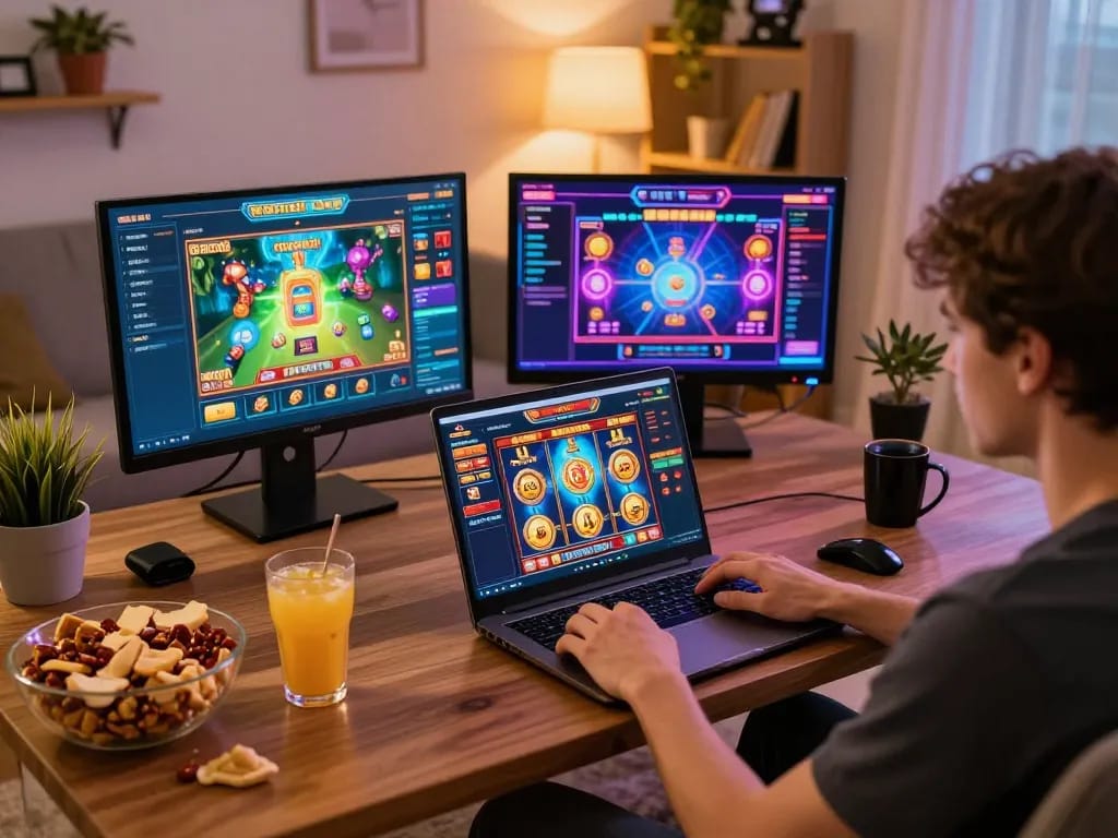 Engaged player enjoying slot online games on laptop in a cozy home setting.