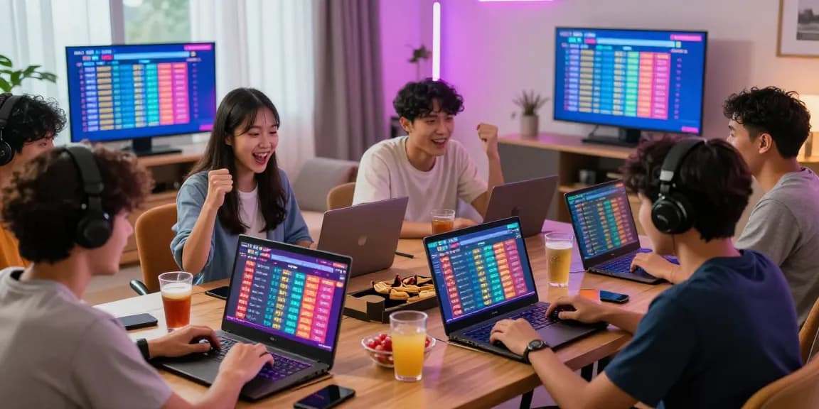 Players enjoying Pasaran Togel Terlengkap in a lively gaming room with laptops and drinks.