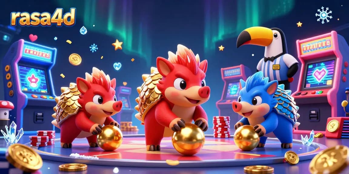 Rasa4d memperlihatkan kompetisi kasino dengan pangolin dan uang poker mengelilingi layar permainan.