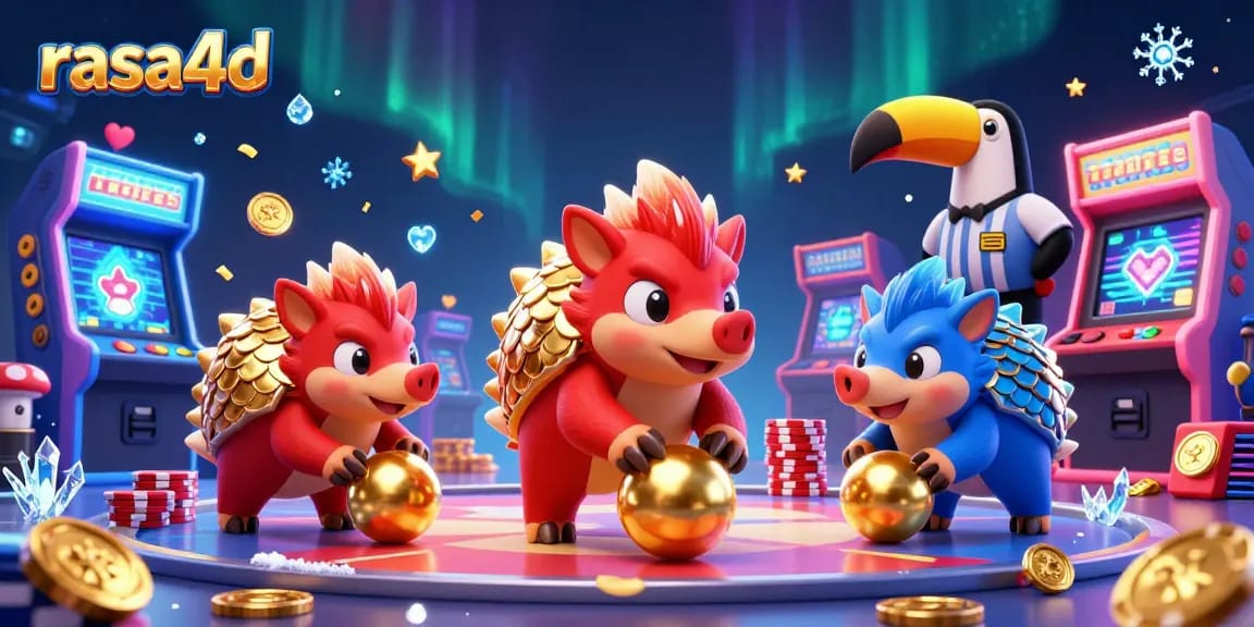 Rasa4d memperlihatkan kompetisi kasino dengan pangolin dan uang poker mengelilingi layar permainan.
