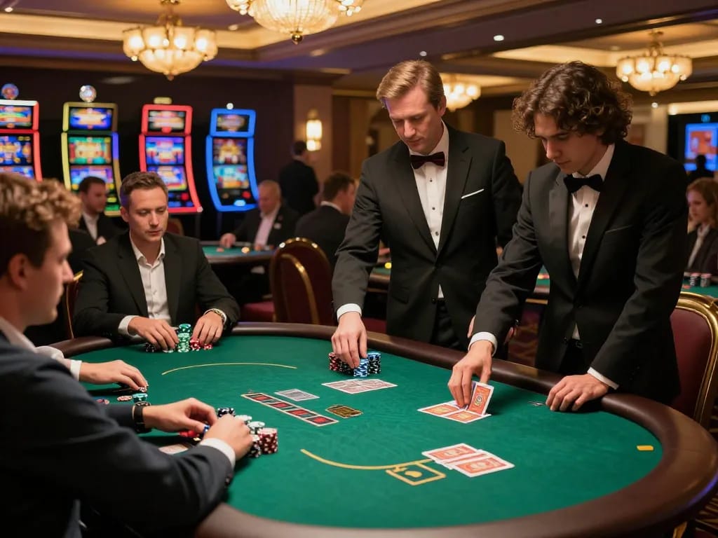 hz88 poker players strategizing bets at luxurious casino table