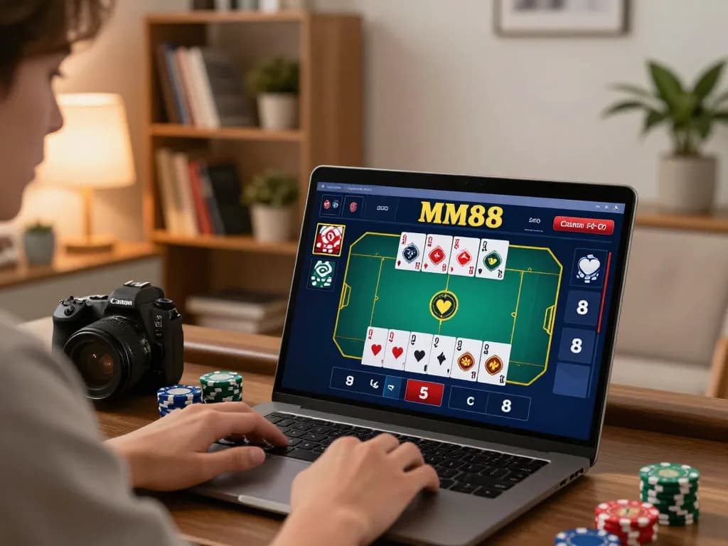 Person engaged in mm88 poker gameplay on laptop, showcasing strategic online gambling environment.