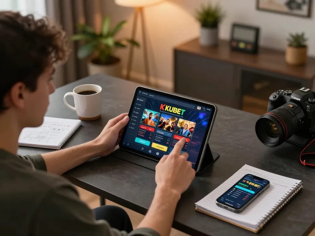 KUBET player engaging with online casino app on tablet in stylish home setup, emphasizing responsible gaming.