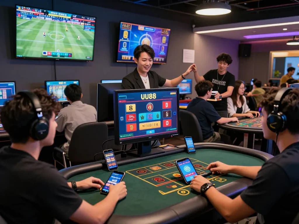 UU88 online gambling scene showcasing players engaged in sports betting, casino games, and a vibrant social atmosphere.