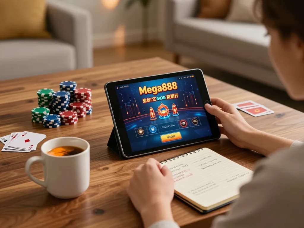 Engaging scene of a player using Mega888 app for an original download, showcasing responsible gambling strategy at home.